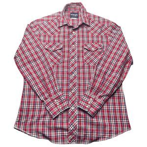 Vintage Wrangler Pearl Snap Shirt Red Plaid Mens M Long Sleeve Western Cowboy